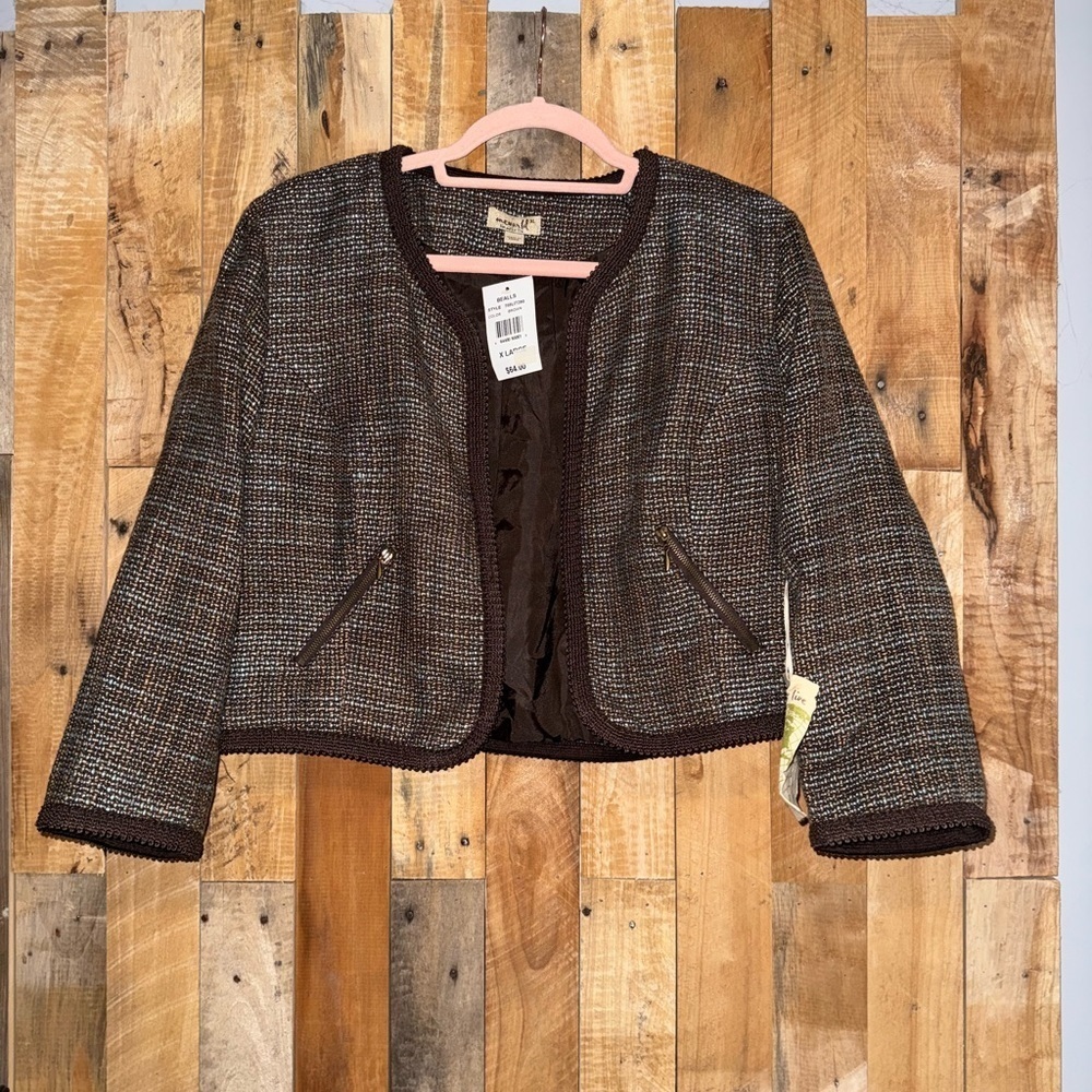 ONE WORLD Brown and Blue Tweed Jacket Pea Coat - Picture 3 of 7